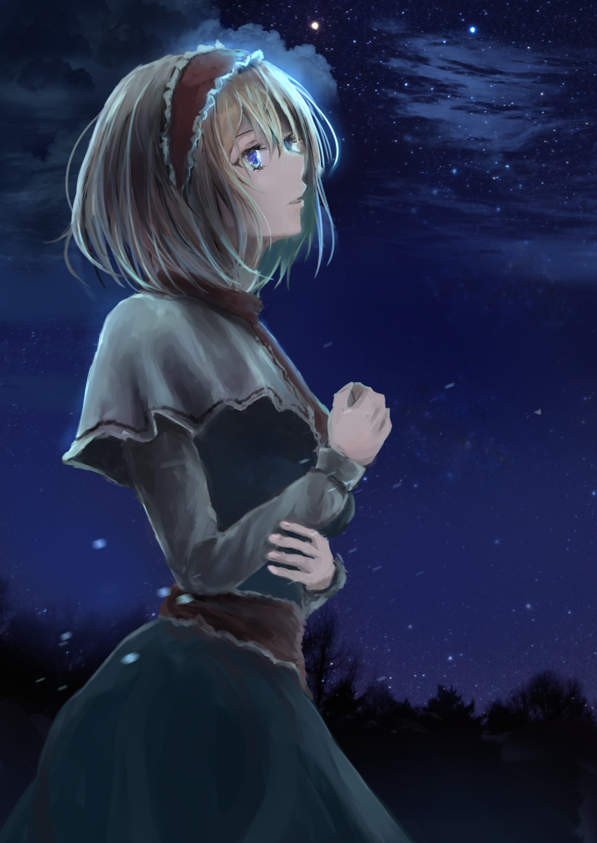 1girl alice_margatroid arm_holding blonde_hair blue_dress blue_eyes capelet clouds commentary_request cowboy_shot dress hair_between_eyes hairband highres kisuke1212 light_particles lolita_hairband long_sleeves looking_away looking_up neck_ribbon night night_sky open_mouth outdoors parted_lips partial_commentary red_neckwear ribbon short_hair sky solo standing star_(sky) starry_sky touhou tree white_capelet