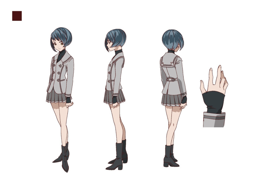 akanesasu_shoujo black_footwear blue_hair boots buttons character_profile character_request green_eyes grey_blazer grey_skirt high_heels long_sleeves official_art pleated_skirt school_uniform short_hair skirt source_request turtleneck