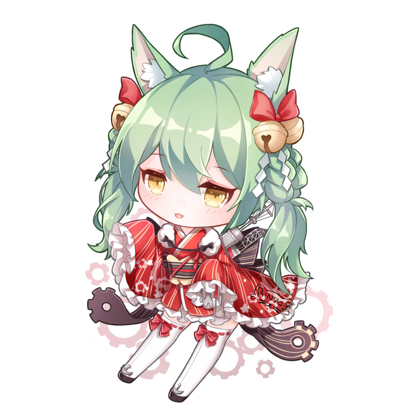 1girl :3 :d ahoge akashi_(azur_lane) animal_ears azur_lane bangs bell blush bow braid brown_eyes cat_ears chibi commentary_request eminya_27 eyebrows_visible_through_hair frilled_sleeves frills gears green_hair hair_bell hair_between_eyes hair_bow hair_ornament hands_up highres japanese_clothes jingle_bell kimono long_hair long_sleeves looking_at_viewer obi open_mouth red_bow red_kimono ribbon-trimmed_legwear ribbon_trim sash screwdriver shide short_kimono signature sleeves_past_fingers sleeves_past_wrists smile solo star star_in_eye striped symbol_in_eye thigh-highs vertical-striped_kimono vertical_stripes very_long_hair white_background white_legwear wide_sleeves wrench