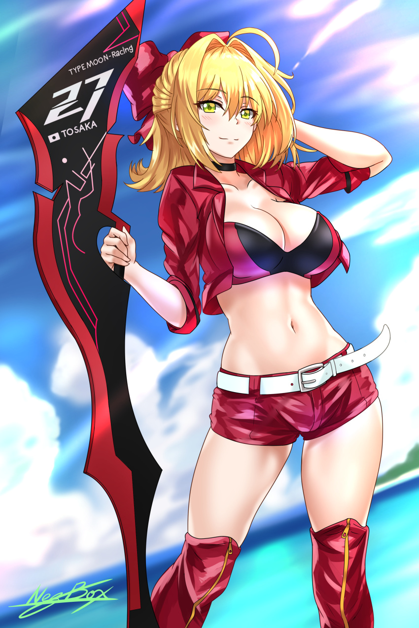 1girl absurdres belt blonde_hair blue_sky boots bow breasts cleavage clouds collarbone day eyebrows_visible_through_hair fate/extra fate_(series) hair_between_eyes hair_bow hand_in_hair highres holding holding_weapon large_breasts long_hair midriff navel nero_claudius_(fate) nero_claudius_(fate)_(all) nez-kun ocean outdoors racequeen red_bow red_footwear red_shorts short_shorts shorts signature sky smile solo standing stomach thigh-highs thigh_boots tied_hair weapon yellow_eyes