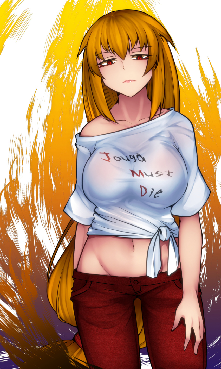 1girl alternate_costume aoshima arm_behind_back aura bangs bare_shoulders breasts casual clothes_writing collarbone commentary_request contemporary cowboy_shot crop_top eyebrows_visible_through_hair eyeshadow gluteal_fold groin hair_between_eyes highres junko_(touhou) large_breasts lipstick long_hair looking_at_viewer low-tied_long_hair makeup midriff navel no_headwear off-shoulder_shirt off_shoulder orange_hair pants pink_lips pink_lipstick pocket red_eyes red_pants shirt short_sleeves sidelocks simple_background solo standing stomach tied_shirt touhou very_long_hair white_background white_shirt