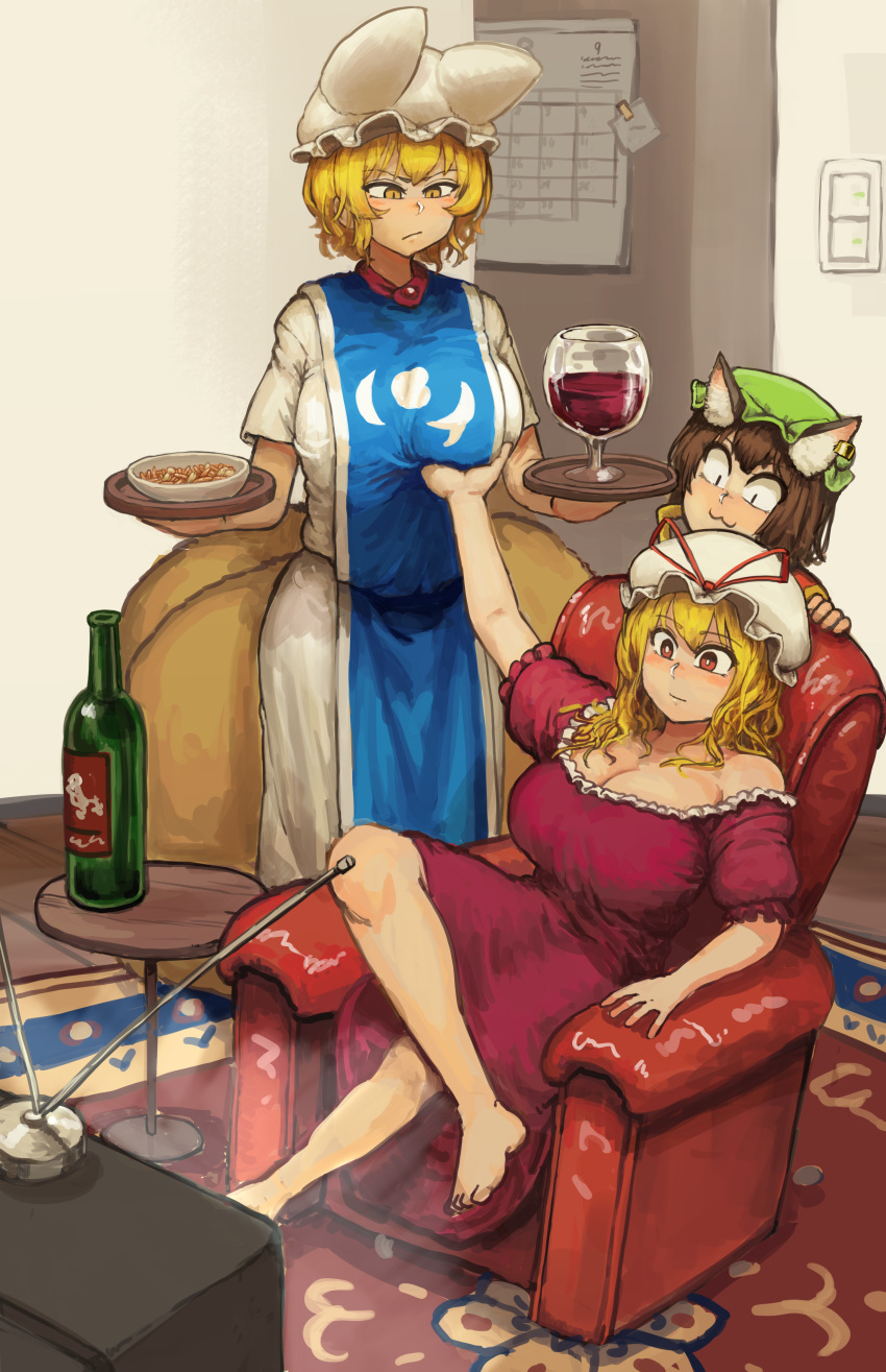 &gt;:/ 3girls :3 absurdres alcohol animal_ears annoyed arm_rest arm_up armchair bangs bare_arms bare_legs bare_shoulders barefoot blonde_hair bottle breast_grab breasts brown_hair cat_ears chair chanta_(ayatakaoisii) chen cleavage closed_mouth commentary cup dress drink drinking_glass eyebrows_visible_through_hair food fox_tail frilled_sleeves frills full_body grabbing hands_up hat hat_ribbon highres holding holding_tray indoors jewelry knee_up legs_crossed light_smile long_hair looking_at_another looking_down medium_dress mob_cap multiple_girls multiple_tails off-shoulder_dress off_shoulder orange_eyes outstretched_arm pillow_hat plate red_eyes ribbon short_hair short_sleeves single_earring sitting slit_pupils standing tabard tail television touhou tray v-shaped_eyebrows white_dress white_pupils wine wine_bottle wine_glass yakumo_ran yakumo_yukari