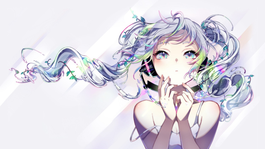 1girl alternate_costume bare_shoulders behind-the-head_headphones blue_hair blush camisole closed_mouth commentary_request glint hair_ornament hands_up hatsune_miku headphones leaf_hair_ornament liquid_hair long_hair looking_away looking_up messy_hair multicolored multicolored_eyes nou own_hands_together partial_commentary solo strap_slip twintails vocaloid
