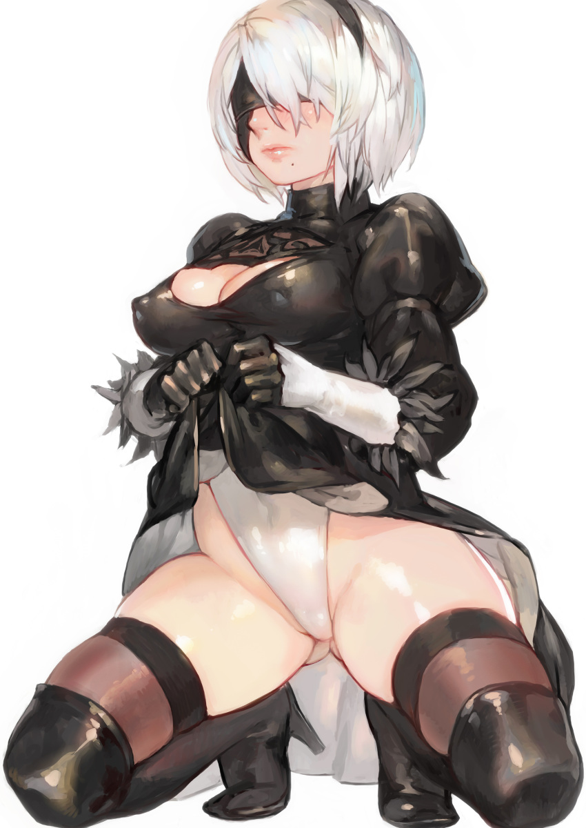 1girl absurdres aoin ass_visible_through_thighs black_gloves black_legwear blindfold blush bob_cut breasts cleavage cleavage_cutout covered_navel gloves hair_over_one_eye hairband highleg highleg_leotard highres juliet_sleeves kneeling leotard long_sleeves medium_breasts mole mole_under_eye nier_(series) nier_automata puffy_sleeves short_hair silver_hair simple_background skirt skirt_lift solo thigh-highs white_background yorha_no._2_type_b