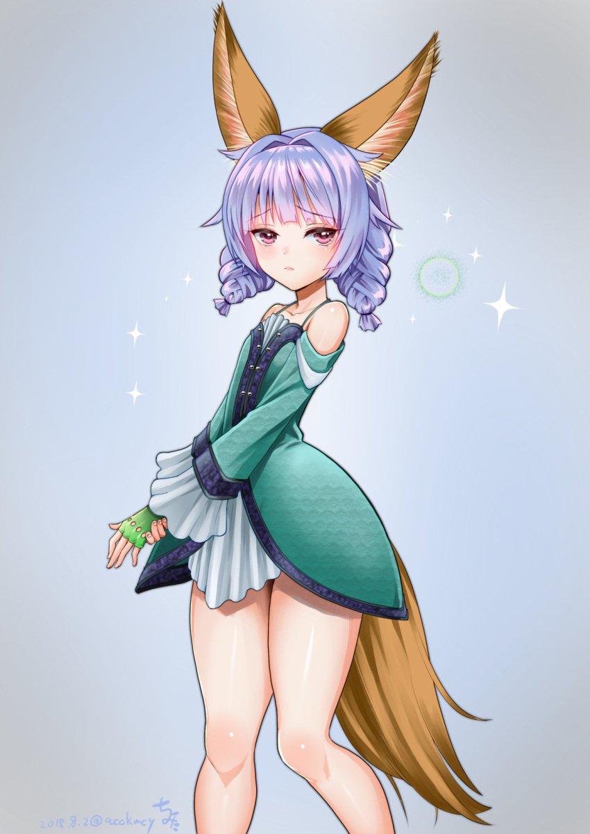 1girl animal_ears braid dog_ears dog_tail dress elin_(tera) fingerless_gloves gloves green_dress green_gloves grey_background hair_intakes hands_together highres kumehara_chiyota long_hair looking_at_viewer purple_hair short_dress simple_background solo tail tera_online thighs twin_braids twintails violet_eyes