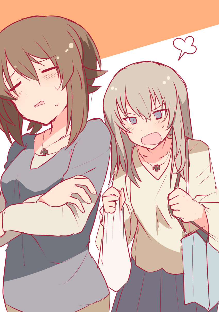 2girls =3 absurdres angry bag bangs blue_eyes blue_skirt brown_hair carrying casual closed_mouth commentary crossed_arms eyebrows_visible_through_hair frown fume girls_und_panzer grey_shirt handbag highres holding iron_cross itsumi_erika jewelry long_hair long_sleeves looking_at_another medium_skirt miluke multiple_girls necklace nishizumi_maho open_mouth pleated_skirt shirt shopping_bag short_hair short_sleeves shouting silver_hair sketch skirt standing sweatdrop t-shirt upper_body yellow_shirt