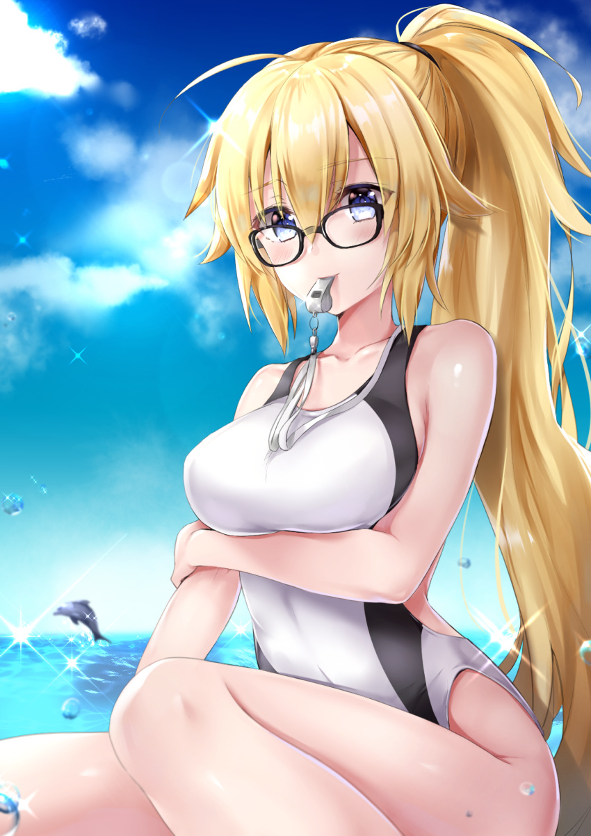1girl arm_at_side bare_arms bare_legs bare_shoulders bespectacled blonde_hair blue_eyes breast_hold breasts cleavage commentary_request competition_swimsuit covered_navel cowboy_shot day dolphin eyebrows_visible_through_hair eyes_visible_through_hair fate/grand_order fate_(series) glasses hane_yuki highleg highleg_swimsuit highres impossible_clothes jeanne_d'arc_(fate)_(all) jeanne_d'arc_(swimsuit_archer) large_breasts long_hair looking_at_viewer one-piece_swimsuit outdoors ponytail sitting solo swimsuit very_long_hair water