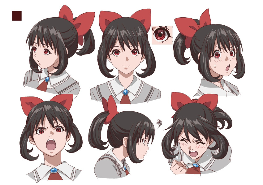 akanesasu_shoujo angry black_hair blush bow character_request grey_blazer official_art red_eyes school_uniform short_hair smile source_request