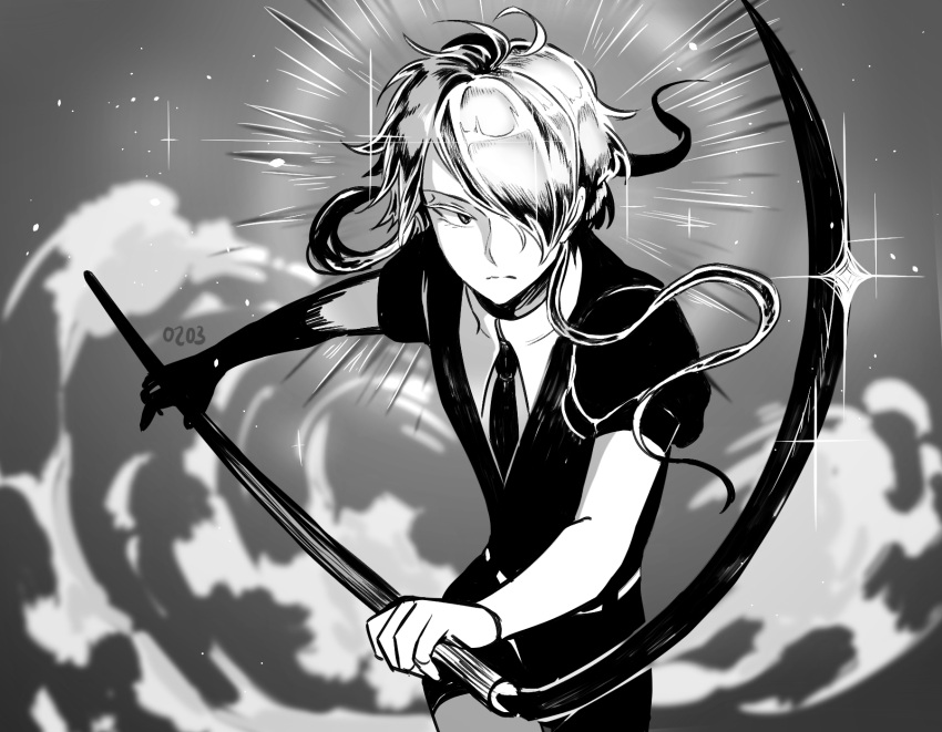 1other androgynous determined dust gem_uniform_(houseki_no_kuni) ghost_quartz_(houseki_no_kuni) glowing glowing_hair hair_over_one_eye highres houseki_no_kuni looking_at_viewer mono_(bluesky) monochrome necktie scythe short_hair solo sparkle