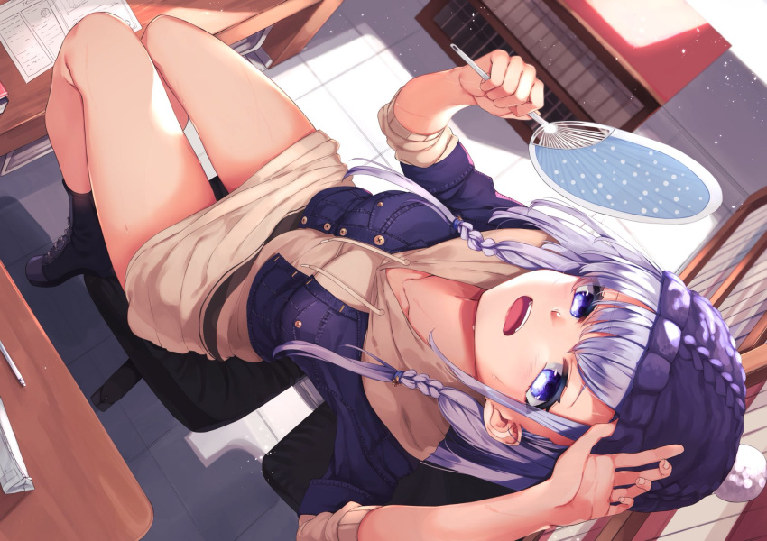 1girl bare_legs beanie book bookshelf boots braid chair collarbone commentary_request dutch_angle fan from_above hat highres hoodie_dress jacket knit_hat long_hair looking_at_viewer miniskirt mizuiro_raika office_chair open_mouth original paper_fan purple_hair skirt solo sweat uchiwa violet_eyes woollen_cap