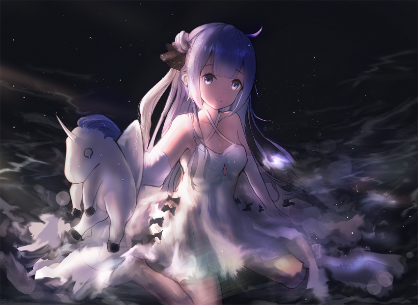 1girl ahoge azur_lane bangs bare_shoulders black_bow black_ribbon bow breasts closed_mouth collarbone commentary criss-cross_halter dress elbow_gloves eyebrows_visible_through_hair gloves hair_bun hair_ribbon halterneck holding holding_stuffed_animal long_hair night night_sky one_side_up purple_hair ribbon side_bun sitting sky small_breasts smile solo star_(sky) starry_sky stuffed_animal stuffed_pegasus stuffed_toy stuffed_unicorn unicorn_(azur_lane) very_long_hair violet_eyes wariza white_dress white_gloves woiloli