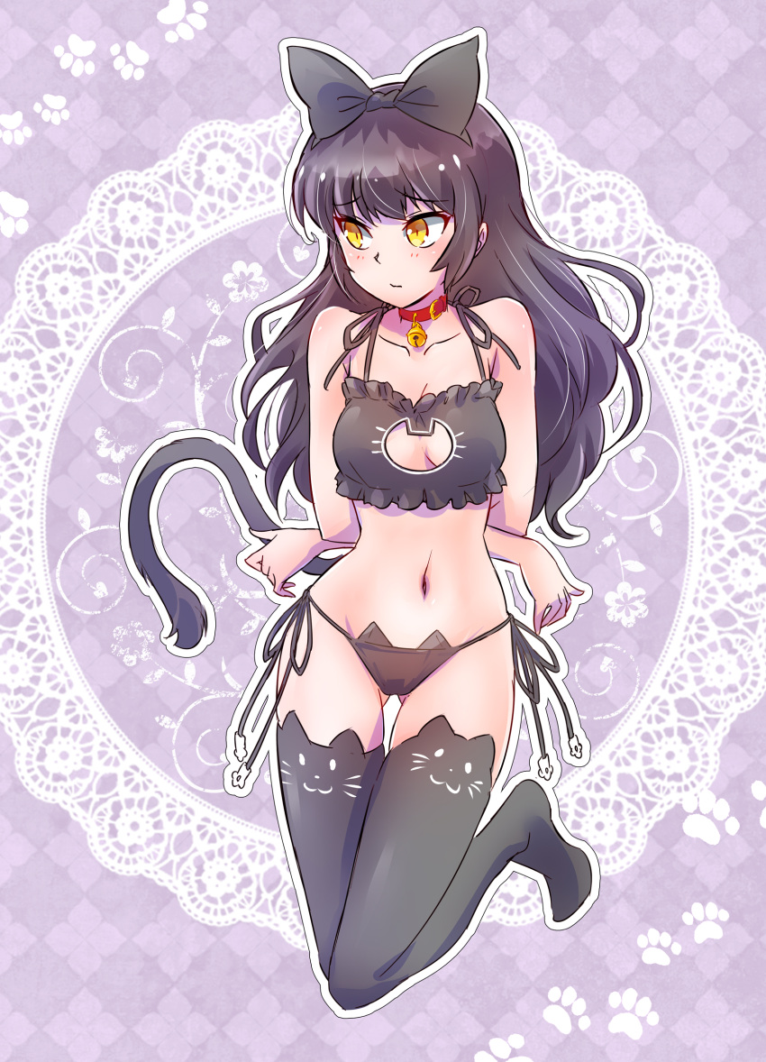 1girl absurdres black_hair blake_belladonna bow cat_cutout cat_lingerie cat_tail cleavage_cutout hair_bow highres iesupa long_hair meme_attire navel panties rwby side-tie_panties solo tail thigh-highs underwear yellow_eyes