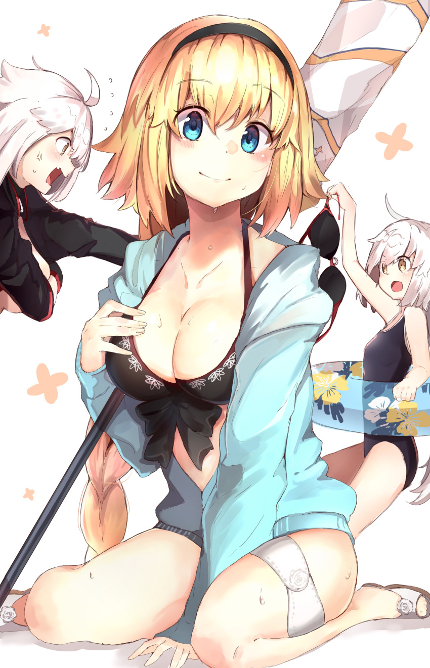 3girls :d absurdres anger_vein bangs bikini bikini_top bikini_top_removed black_bikini black_hairband black_jacket black_swimsuit blonde_hair blue_eyes blue_jacket blush breast_hold breasts brown_eyes cleavage closed_mouth clothes_theft collarbone commentary_request eyebrows_visible_through_hair fate/grand_order fate_(series) flying_sweatdrops hair_between_eyes hairband highres hood hood_down hooded_jacket innertube jacket jeanne_d'arc_(alter_swimsuit_berserker) jeanne_d'arc_(fate)_(all) jeanne_d'arc_(swimsuit_archer) jeanne_d'arc_alter_santa_lily long_hair medium_breasts multiple_girls new_school_swimsuit one-piece_swimsuit open_clothes open_jacket open_mouth profile ranf school_swimsuit silver_hair sitting smile swimsuit swimsuit_theft theft transparent very_long_hair wariza wet white_background