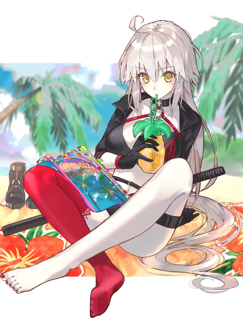 1girl arm_support asymmetrical_legwear bangs barefoot bikini black_bikini black_footwear black_gloves black_jacket blue_sky blurry blurry_background blush book brown_eyes checkered closed_mouth clouds commentary_request crazy_straw day depth_of_field drinking drinking_straw eyebrows_visible_through_hair fate/grand_order fate_(series) flower gloves hair_between_eyes highres holding jacket jeanne_d'arc_(alter_swimsuit_berserker) jeanne_d'arc_(fate)_(all) katana long_hair long_sleeves nail_polish no_shoes open_book outdoors red_flower red_legwear red_nails sheath sheathed shoes_removed silver_hair single_thighhigh sitting sky soles solo swimsuit sword thigh-highs toenails utayoi_(umakatare) very_long_hair weapon