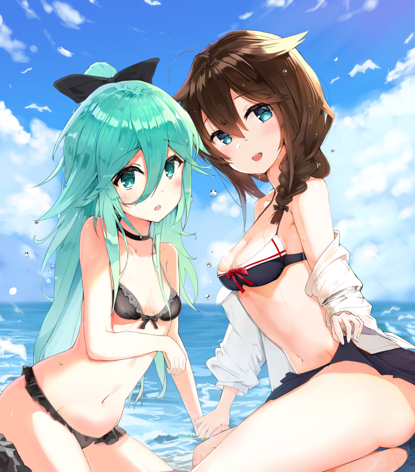 2girls ass bikini bird black_bikini black_bow black_hair blue_eyes blue_sky blush bow breasts clouds eyebrows_visible_through_hair green_eyes green_hair hair_between_eyes hair_bow highres kantai_collection looking_at_viewer medium_breasts multiple_girls ocean open_clothes open_mouth shigure_(kantai_collection) shirt side_ponytail sky small_breasts swimsuit water water_drop white_shirt yamakaze_(kantai_collection) zhiyou_ruozhe
