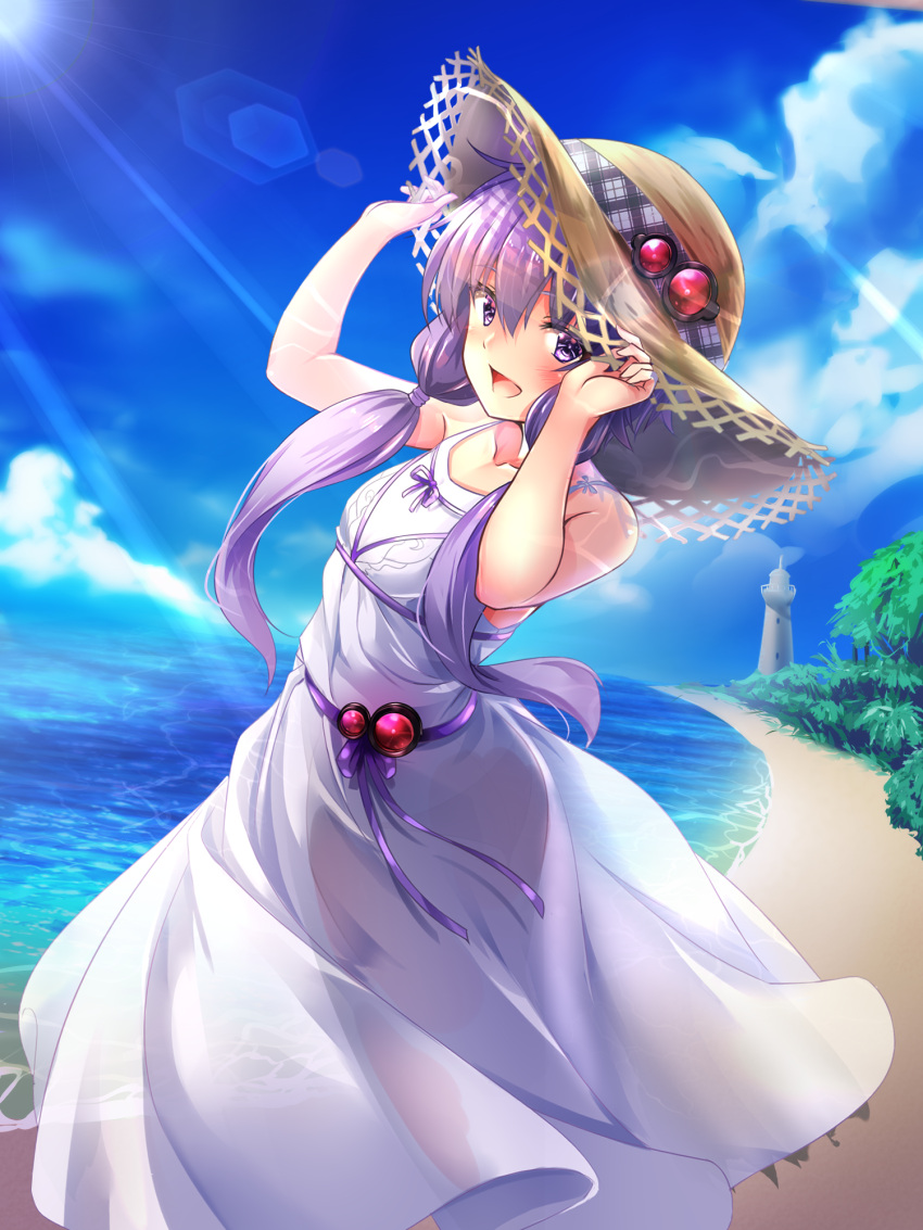 1girl :d bangs bare_arms bare_shoulders beach blue_sky blush bug_(artist) collarbone day dress hair_between_eyes hands_on_headwear hat highres lens_flare lighthouse looking_at_viewer ocean open_mouth outdoors purple_hair see-through sky smile solo straw_hat violet_eyes vocaloid voiceroid water white_dress yuzuki_yukari