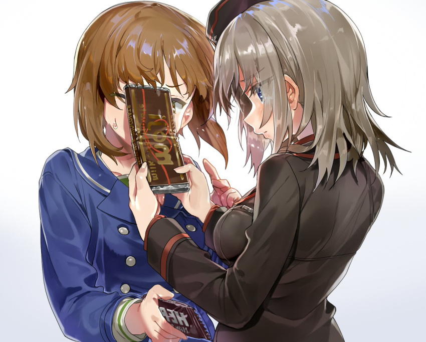 2girls bangs black_hat black_jacket blouse blue_coat blue_eyes brown_eyes brown_hair chocolate_bar closed_mouth eyebrows_visible_through_hair eyes_visible_through_hair frown garrison_cap girls_und_panzer gradient gradient_background grey_background hat hershey's hitting itsumi_erika jacket kuromorimine_military_uniform lips logo long_hair long_sleeves looking_at_another military military_hat military_uniform multiple_girls nishizumi_miho offering one_eye_closed ooarai_school_uniform sailor_collar school_uniform short_hair silver_hair standing uniform upper_body valentine veerinly white_blouse winter_uniform