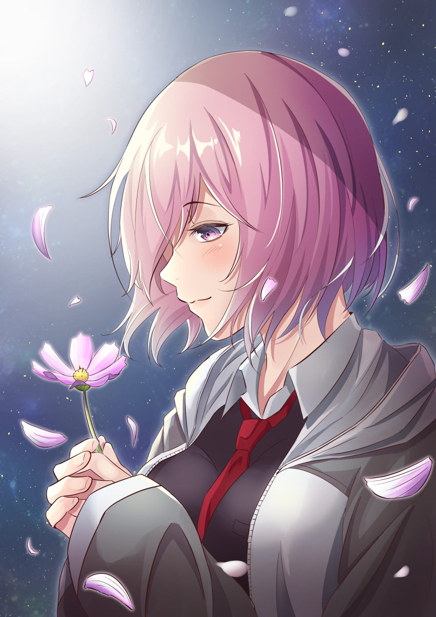 1girl absurdres black_shirt blush eyebrows_visible_through_hair fate/grand_order fate_(series) floating_hair flower furan_(pixiv20237436) grey_jacket hands_clasped highres holding holding_flower hood hooded_jacket jacket mash_kyrielight necktie open_clothes open_jacket own_hands_together petals pink_flower pink_hair red_neckwear shirt short_hair solo upper_body violet_eyes