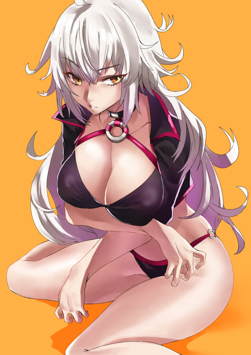 1girl absurdres ahoge bikini black_bikini black_jacket blush breasts choker cleavage collarbone commentary_request cropped_jacket crossed_arms eyebrows_visible_through_hair fate/grand_order fate_(series) from_above fujitsubo_(hujitubo0731) hair_between_eyes highres jacket jeanne_d'arc_(alter_swimsuit_berserker) jeanne_d'arc_(fate)_(all) kneeling large_breasts long_hair looking_at_viewer messy_hair o-ring orange_background simple_background solo swimsuit yellow_eyes