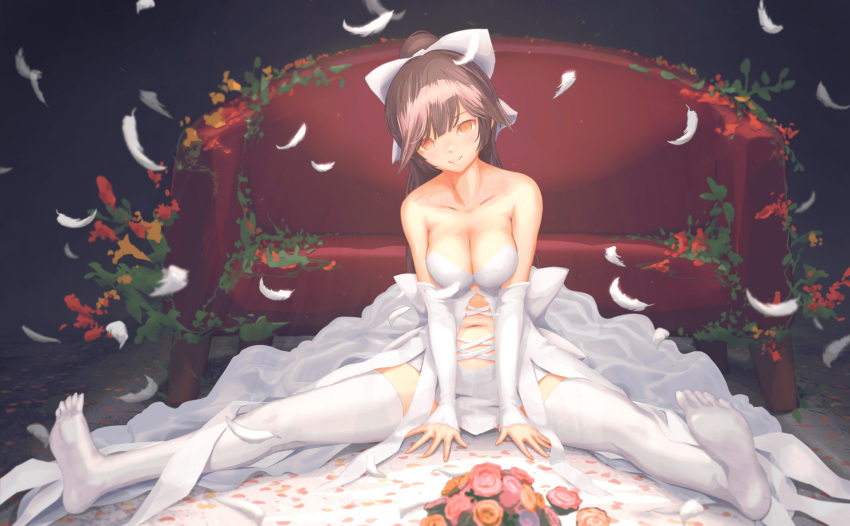 1girl alternate_costume azur_lane bangs black_hair blush bouquet bow breasts brown_eyes cleavage closed_mouth collarbone couch detached_sleeves dress feathers flower hair_bow head_tilt highres large_breasts long_hair looking_at_viewer navel no_shoes on_floor pandarou ponytail sitting smile solo spread_legs stomach strapless strapless_dress takao_(azur_lane) thigh-highs very_long_hair wedding_dress white_bow white_legwear
