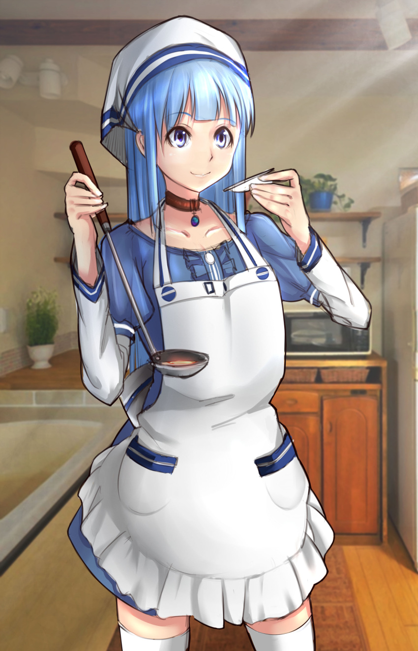 1girl absurdres apron blue_eyes blue_hair brown_choker choker gem hat highres indoors ladle long_hair looking_at_viewer microwave original photo_background plant potted_plant sidelocks sketch smile solo wengcang_hefeng white_hat white_legwear wooden_floor