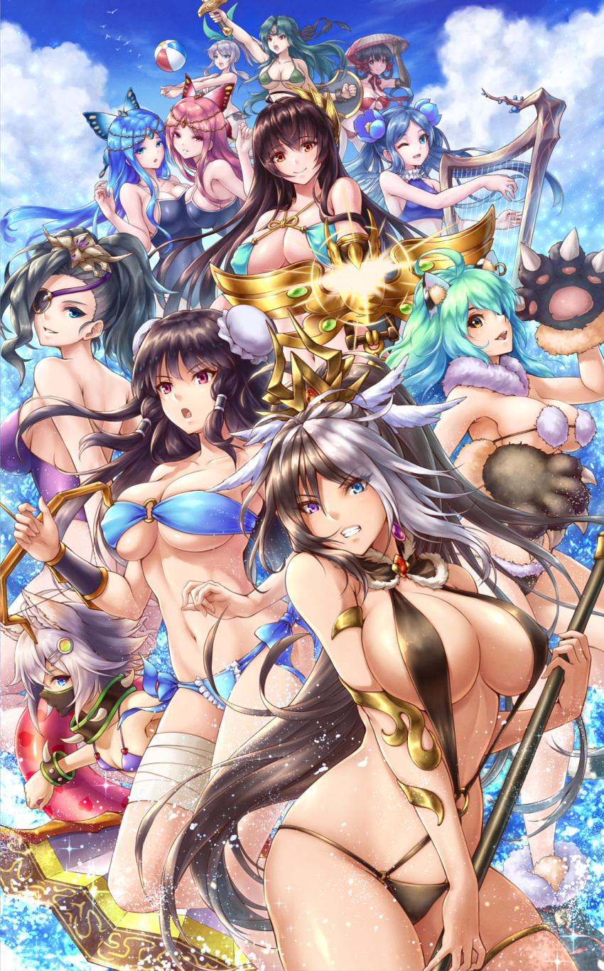 6+girls ahoge animal_ears ball bandage beachball bikini black_hair blue_eyes blue_hair breasts brown_eyes brown_hair eyepatch flower gloves green_hair grey_hair hair_flower hair_ornament harp hat heterochromia highres instrument long_hair looking_at_viewer multicolored_hair multiple_girls paw_gloves paws red_eyes redhead ryou_(pix_gallerio) smile swimsuit sword violet_eyes water weapon white_hair yellow_eyes