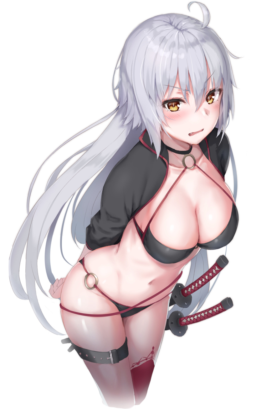 1girl arms_behind_back bangs bikini black_bikini black_jacket blush breasts brown_eyes cleavage cowboy_shot eyebrows_visible_through_hair fang fate/grand_order fate_(series) hair_between_eyes highres jacket jeanne_d'arc_(alter_swimsuit_berserker) jeanne_d'arc_(fate)_(all) katana large_breasts leaning_forward long_hair long_sleeves looking_at_viewer navel o-ring o-ring_bikini o-ring_bottom o-ring_top open_clothes open_jacket open_mouth parted_lips red_legwear reinama sheath sheathed sidelocks silver_hair simple_background single_thighhigh solo swimsuit sword thigh-highs tsurime v-shaped_eyebrows very_long_hair weapon white_background yellow_eyes