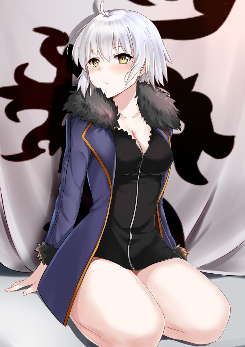 1girl absurdres ahoge arms_behind_back black_dress blue_jacket blush breasts cleavage closed_mouth collarbone commentary_request dress fate/apocrypha fate/grand_order fate_(series) flag_background fur_trim highres jacket jeanne_d'arc_(alter)_(fate) jeanne_d'arc_(fate)_(all) large_breasts long_sleeves open_clothes open_jacket silver_hair solo squatting xiao_bing_qiaokeli yellow_eyes