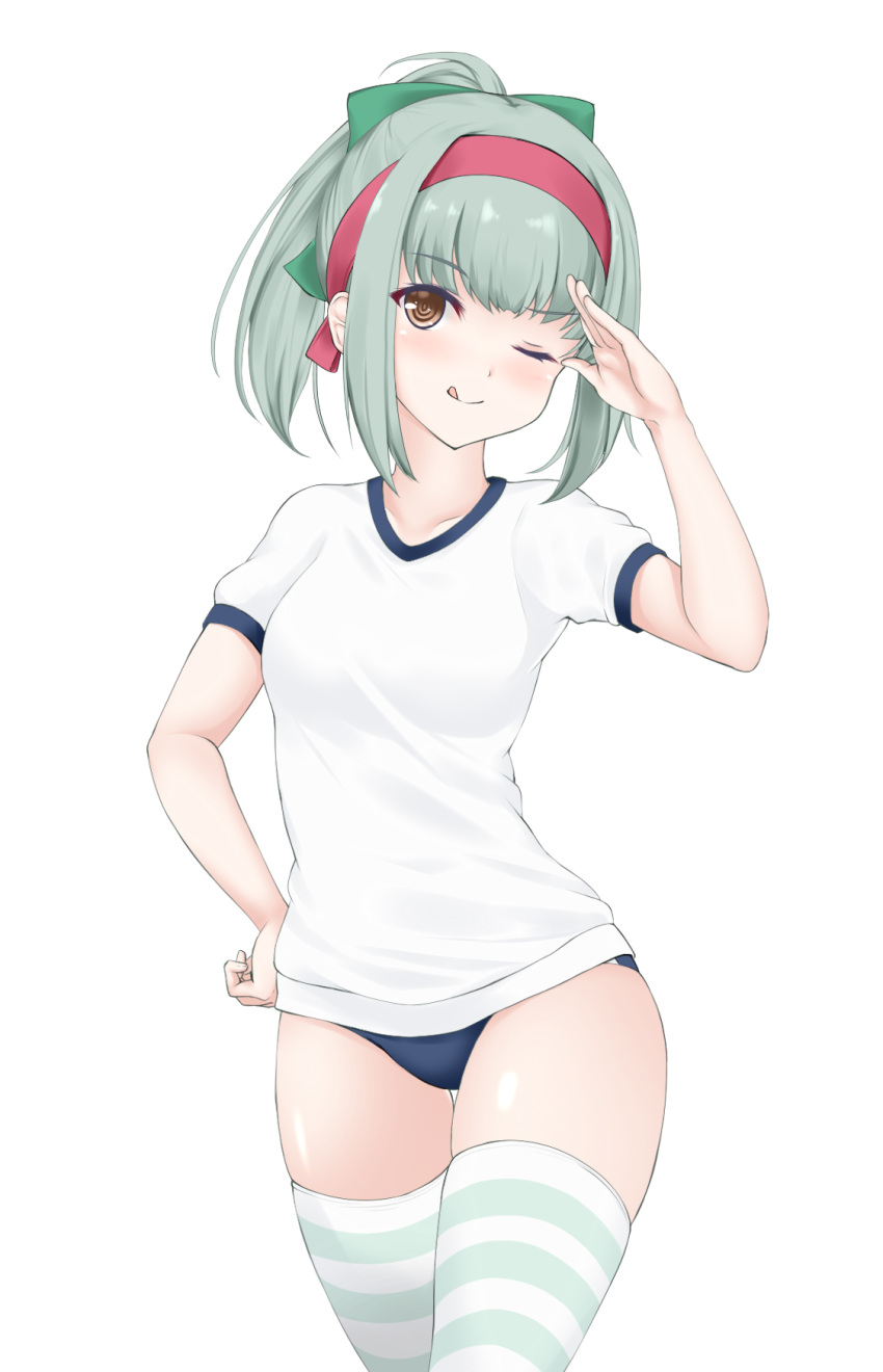1girl blush breasts brown_eyes closed_mouth eyebrows_visible_through_hair green_hair headband highres kantai_collection long_hair multicolored multicolored_clothes multicolored_legwear one_eye_closed ponytail red_headband shirt simple_background smile solo twitter_username white_background white_shirt yuubari_(kantai_collection) z5987