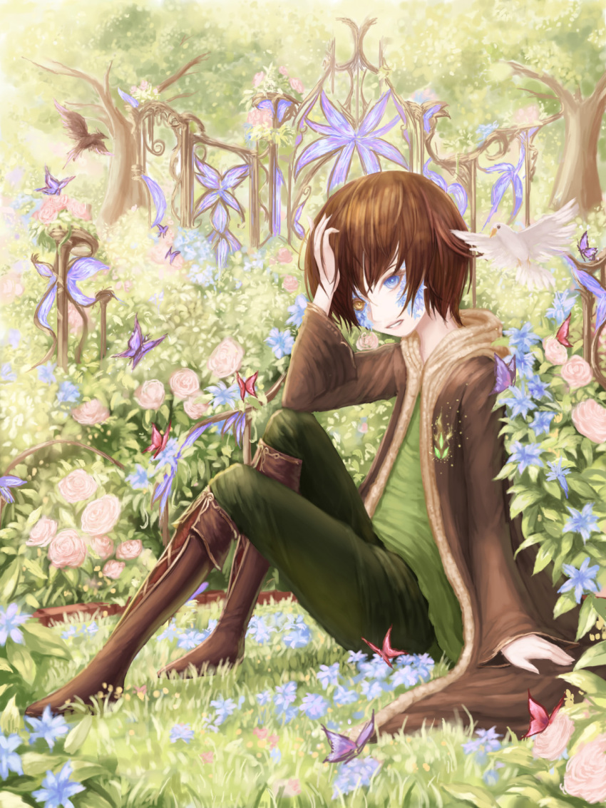 1boy arm_rest bird blue_eyes blue_flower boots brown_eyes brown_footwear bug butterfly day flower forest full_body grass green_pants green_shirt hand_on_own_head heterochromia highres insect knee_boots looking_at_viewer male_focus nature original outdoors pants parted_lips rinmmo shirt short_hair sitting solo tree