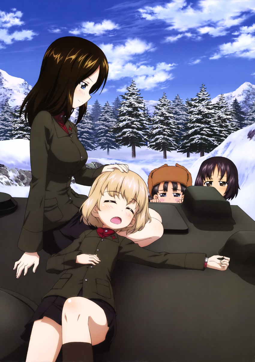 4girls absurdres alina_(girls_und_panzer) black_hair black_skirt blonde_hair blue_eyes blue_sky blush brown_eyes brown_hat brown_jacket closed_eyes clouds day forest girls_und_panzer hand_on_another's_head hat highres jacket katyusha lap_pillow long_hair miniskirt multiple_girls nature nina_(girls_und_panzer) nonna official_art open_mouth outdoors pleated_skirt shiny shiny_hair short_hair skirt sky sleeping snow watch watch yoshida_nobuyoshi