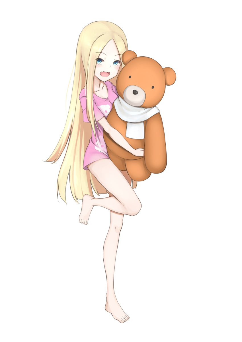 1girl :d abigail_williams_(fate/grand_order) bangs barefoot blonde_hair blue_eyes collarbone eyebrows_visible_through_hair fate/grand_order fate_(series) full_body highres holding holding_stuffed_animal jilu leg_up long_hair looking_at_viewer naked_shirt open_mouth parted_bangs pink_shirt print_shirt shirt short_sleeves simple_background smile solo standing standing_on_one_leg stuffed_animal stuffed_toy teddy_bear very_long_hair white_background
