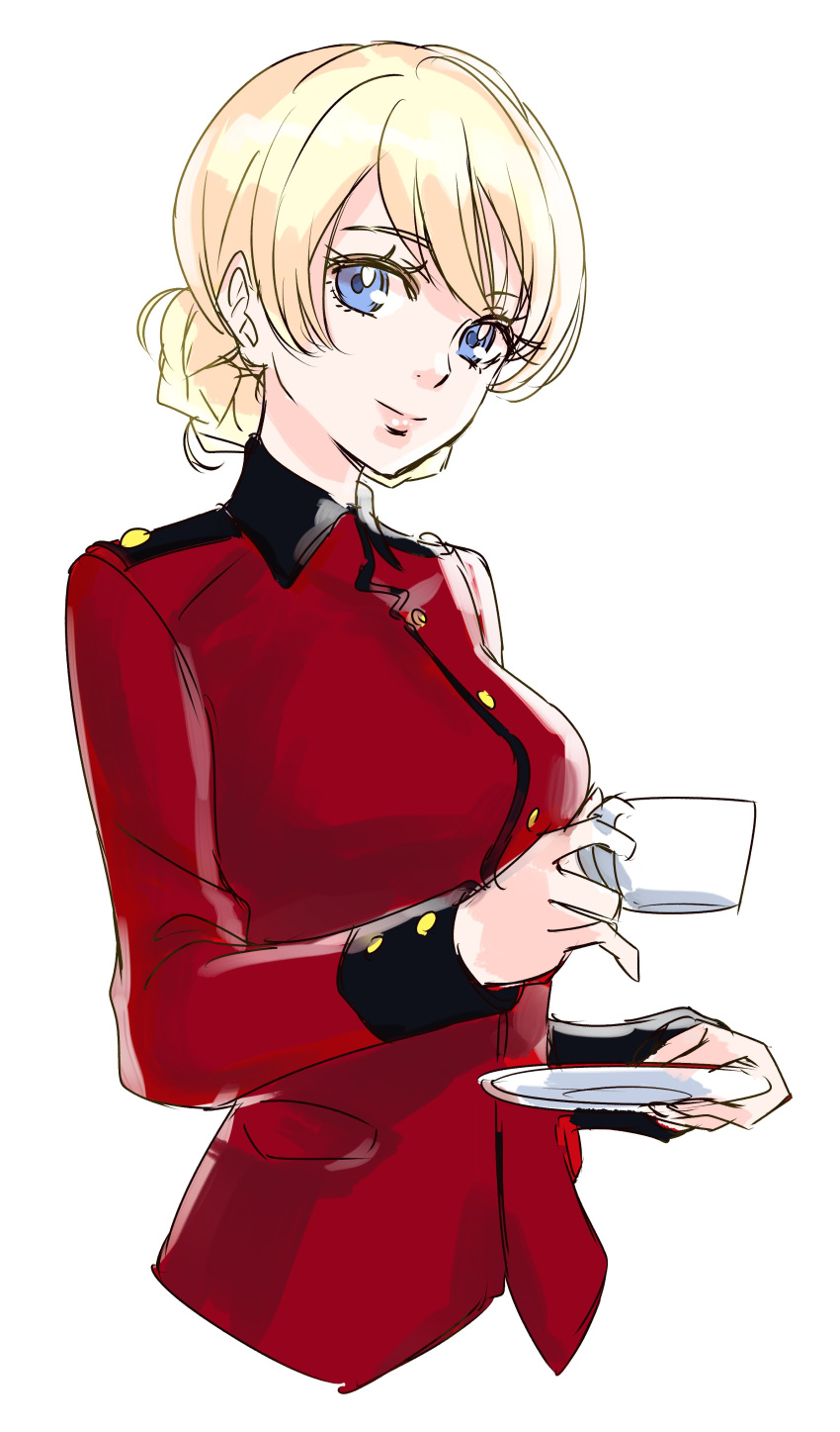 1girl absurdres bangs blonde_hair blue_eyes braid closed_mouth commentary_request cropped_torso cup darjeeling epaulettes girls_und_panzer highres hisaki holding holding_cup jacket lips long_sleeves looking_at_viewer military military_uniform red_jacket saucer short_hair simple_background sketch smile solo st._gloriana's_military_uniform standing teacup tied_hair twin_braids uniform upper_body white_background