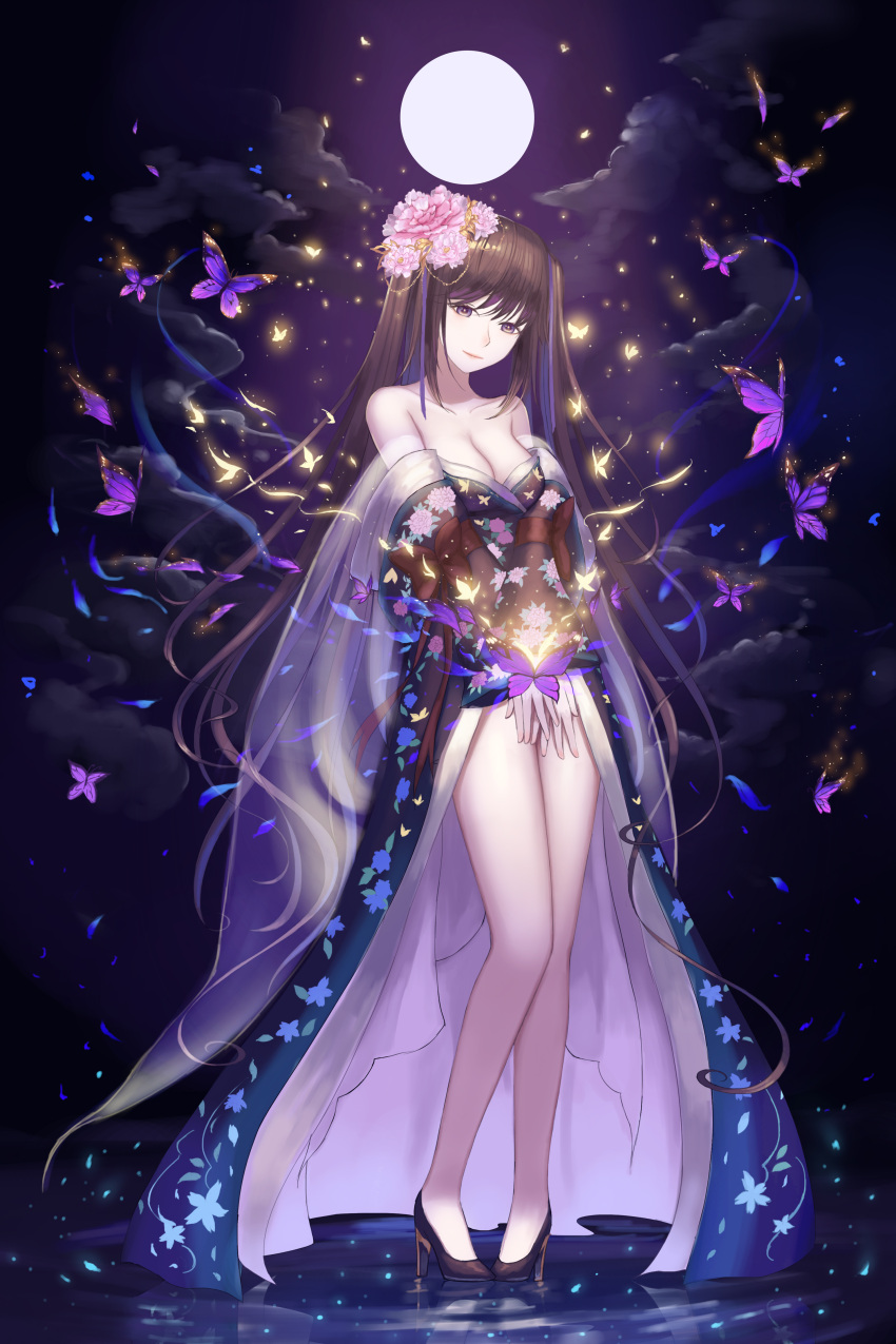 1girl absurdres bangs bare_shoulders black_footwear breasts brown_hair bug butterfly cleavage clouds floral_print flower full_body full_moon hair_flower hair_ornament hair_ribbon high_heels highres insect light_smile looking_at_viewer medium_breasts moon night night_sky on_water original outdoors petals purple_ribbon ribbon rinmmo sky standing thighs twintails violet_eyes