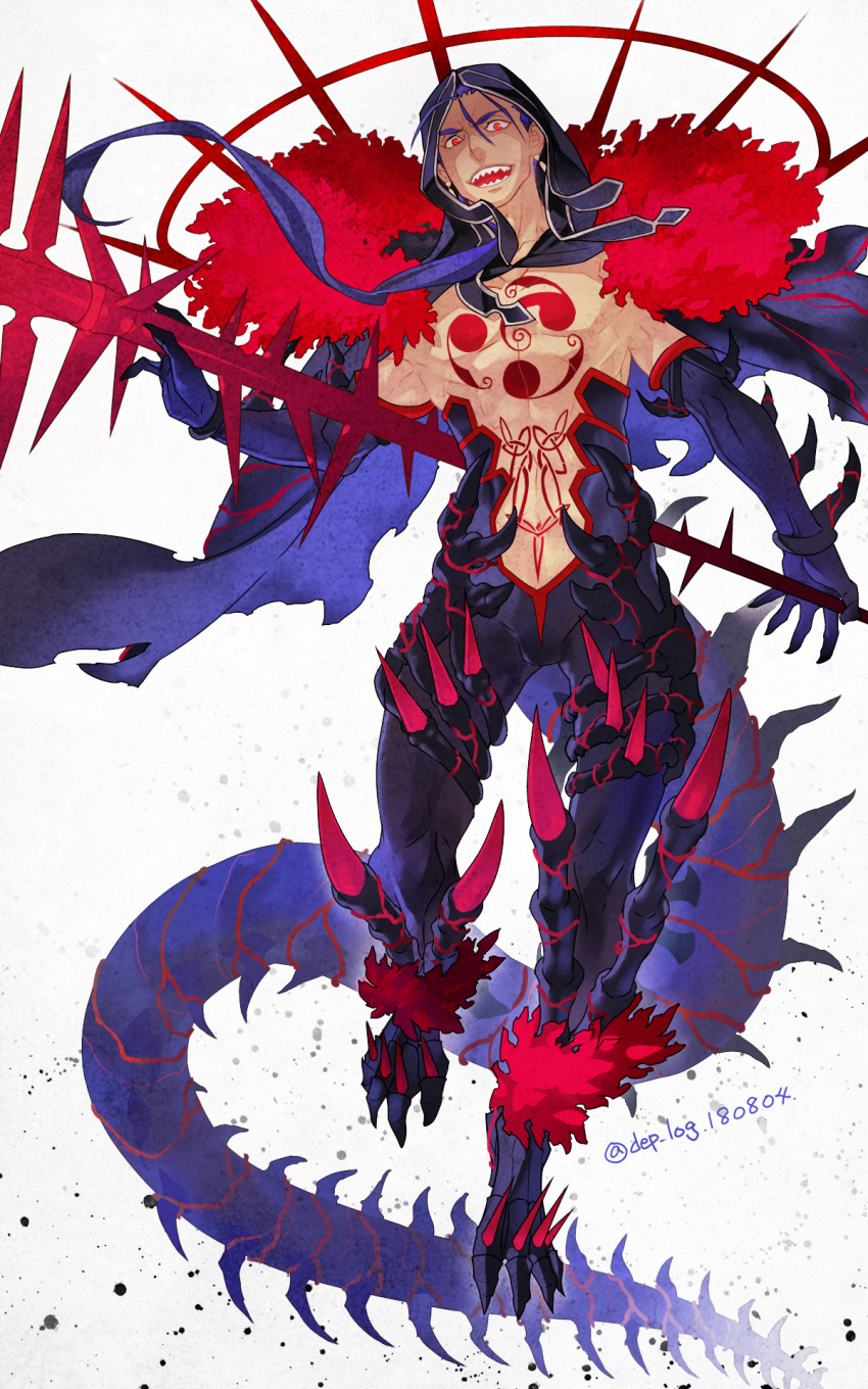1boy bare_chest blue_hair cape chest_tattoo cu_chulainn_alter_(fate/grand_order) earrings fate/grand_order fate_(series) full_body gae_bolg gloves highres holding holding_spear holding_weapon hood jewelry kaburaya lancer long_hair looking_at_viewer male_focus monster_boy polearm red_eyes sharp_teeth simple_background smile solo spear spikes tail tattoo teeth twitter_username weapon white_background