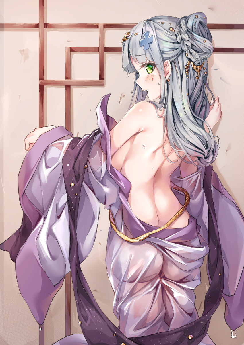 1girl absurdres alternate_costume ass back bangs bare_shoulders blunt_bangs blush braid breasts crown_braid earrings eyebrows_visible_through_hair facial_mark from_behind girls_frontline green_eyes hair_ornament hand_up hansal highres hk416_(girls_frontline) indoors japanese_clothes jewelry kimono kimono_pull long_hair long_sleeves looking_at_viewer looking_back medium_breasts no_bra obi purple_kimono purple_obi sash shoulder_blades sideboob silver_hair solo very_long_hair wet wet_clothes wide_sleeves