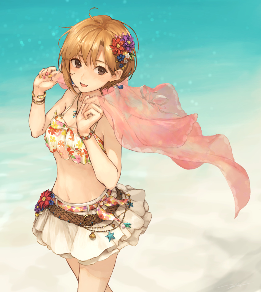 1girl aiba_yumi bare_shoulders beach belt blonde_hair blush bracelet brown_eyes commentary cowboy_shot earrings floral_print flower hair_flower hair_ornament halterneck highres idolmaster idolmaster_cinderella_girls idolmaster_cinderella_girls_starlight_stage jewelry kouzuki_kei multicolored multicolored_nails nail_polish navel necklace open_mouth shawl short_hair smile solo swimsuit water