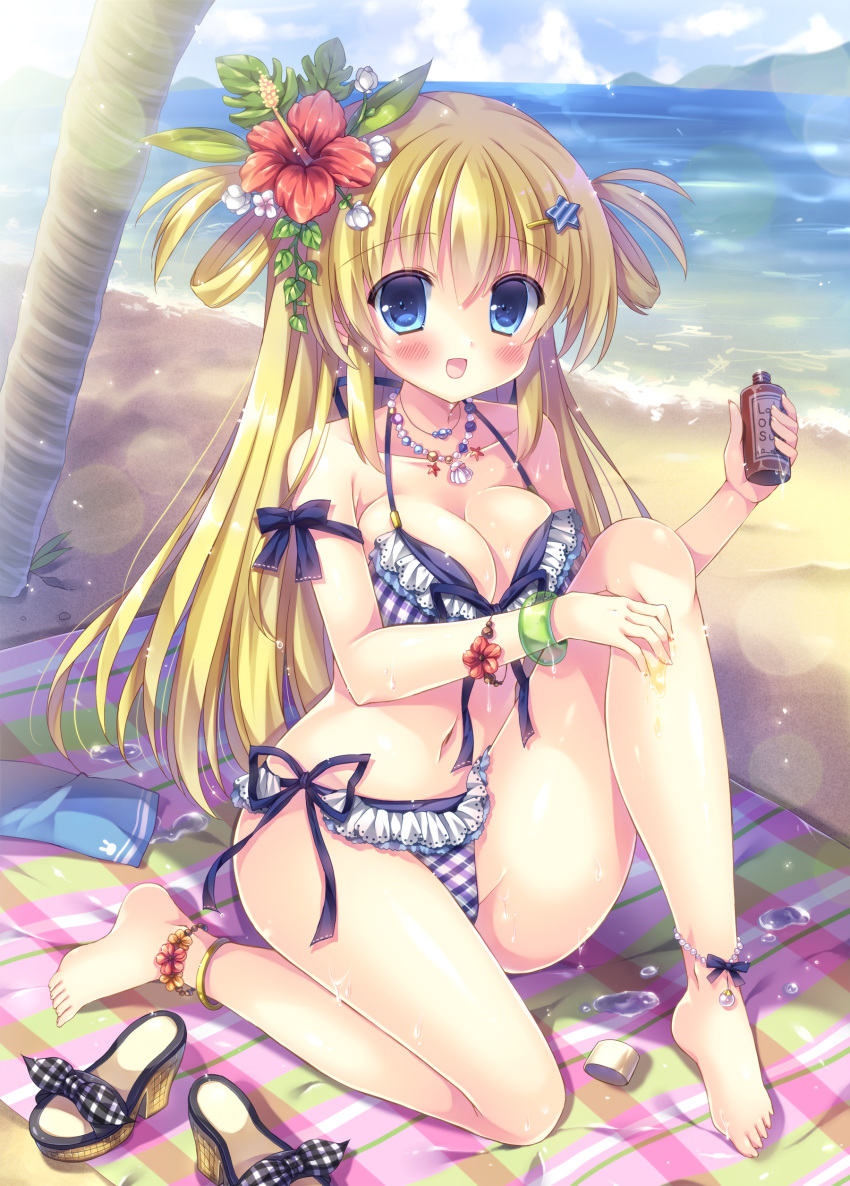 1girl :d absurdres bangs bare_shoulders barefoot beach beach_towel bikini blonde_hair blue_bow blue_eyes blue_sky blush bottle bow breasts cleavage clouds cloudy_sky collarbone commentary_request day eyebrows_visible_through_hair fingernails flower hair_between_eyes hair_flower hair_ornament hairclip highres holding holding_bottle horizon kouta. large_breasts long_hair looking_at_viewer lotion mountain ocean open_mouth original outdoors palm_tree plaid plaid_bikini purple_bikini red_flower sand sandals shoes_removed side-tie_bikini sidelocks sitting sky smile solo star star_hair_ornament summer sunscreen swimsuit towel transparent tree very_long_hair water white_flower