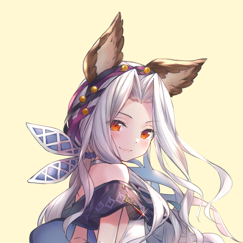 1girl animal_ears arms_behind_back bare_shoulders blush closed_mouth ears_through_headwear erune granblue_fantasy hair_ribbon highres hika_(cross-angel) lips long_hair looking_at_viewer red_eyes ribbon scathacha_(granblue_fantasy) silver_hair simple_background smile solo upper_body