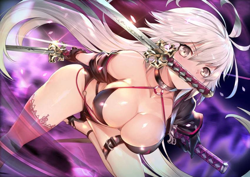 1girl ahoge bangs bare_shoulders bikini black_bikini blush breasts choker cleavage collarbone cropped_jacket eyebrows_visible_through_hair fate/grand_order fate_(series) full_body hair_between_eyes holding holding_weapon jeanne_d'arc_(alter_swimsuit_berserker) jeanne_d'arc_(fate)_(all) katana large_breasts lips long_hair long_sleeves looking_at_viewer midriff mouth_hold o-ring parted_lips red_legwear shiny shiny_skin sidelocks single_thighhigh solo swimsuit sword teddy_(khanshin) thigh-highs thighs unsheathed weapon yellow_eyes