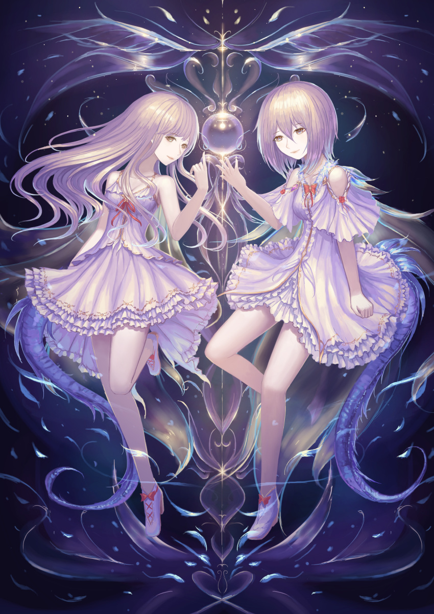 2girls absurdres arm_at_side bare_shoulders bow breasts dark_background dress frilled_dress frills grey_eyes hair_between_eyes highres lavender_dress light_brown_hair long_hair medium_hair multiple_girls orb original red_bow sky small_breasts standing standing_on_one_leg star_(sky) starry_sky tagme
