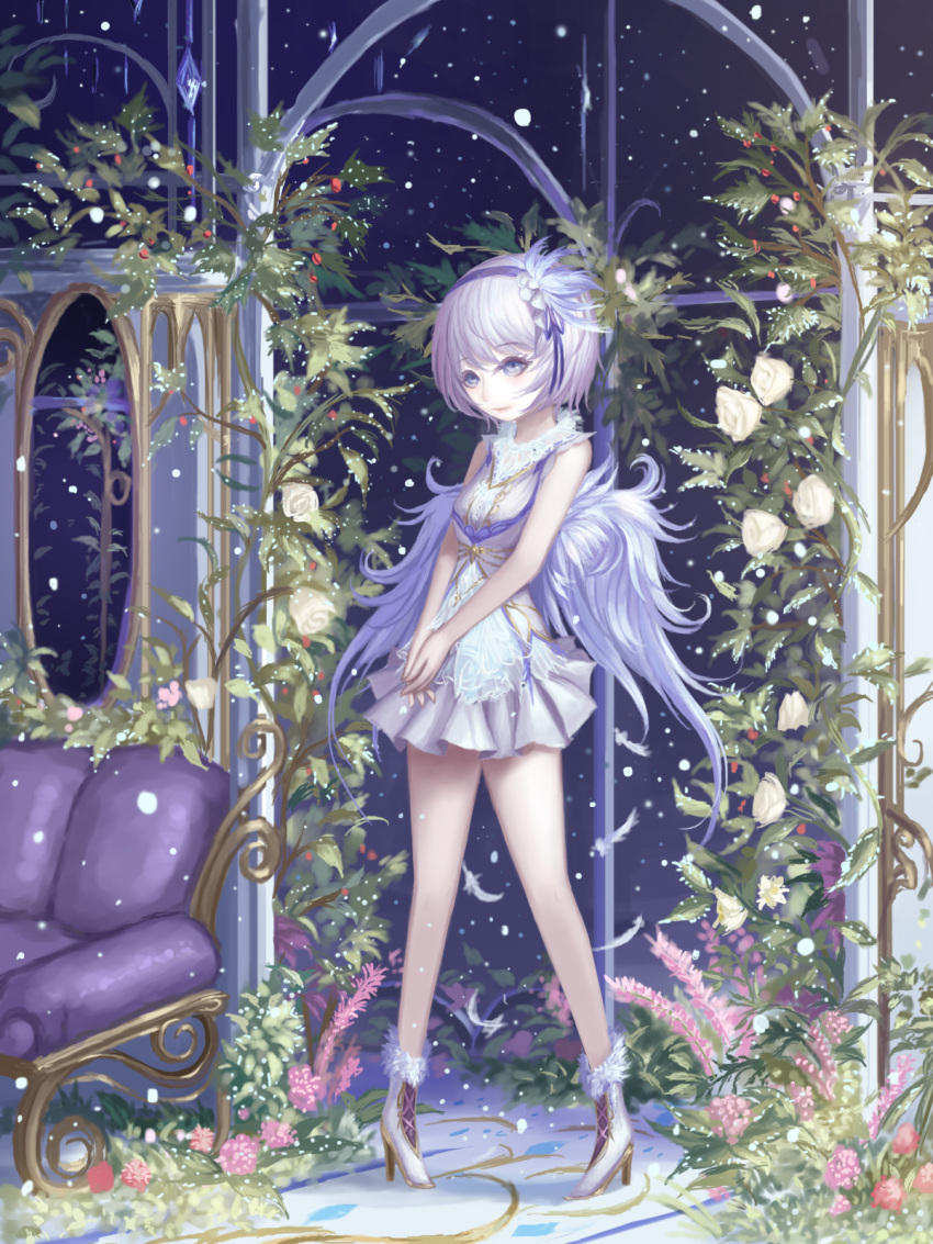 1girl angel angel_wings blue_eyes blue_hairband breasts couch flower full_body hairband hands_together highres indoors night night_sky original rinmmo short_hair silver_hair silver_wings skirt sky small_breasts solo standing white_skirt wings