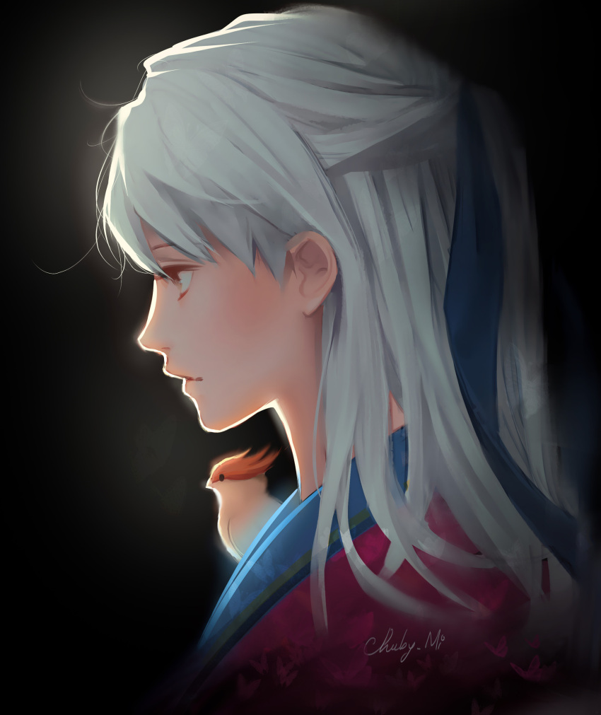 1girl alternate_costume animal animal_on_chest bangs bird chuby_mi commentary fire_emblem fire_emblem:_akatsuki_no_megami fire_emblem_heroes from_side hair_between_eyes hair_ribbon half_updo highres japanese_clothes kimono long_hair micaiah profile ribbon signature silver_hair yellow_eyes yukata