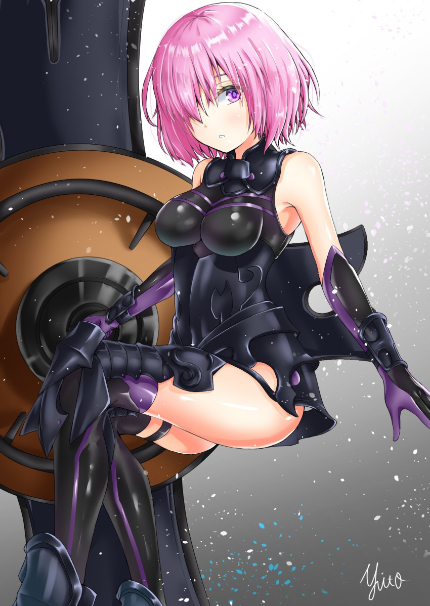 1girl armor armored_boots artist_name bare_shoulders black_footwear black_legwear blush boots breasts elbow_gloves fate/grand_order fate_(series) gloves highres holding_shield invisible_chair looking_at_viewer mash_kyrielight one_eye_covered open_hand parted_lips petals purple_gloves purple_hair shield short_hair simple_background sitting solo thigh-highs thigh_strap thighs violet_eyes yuito_(yuitokobunasbs0)