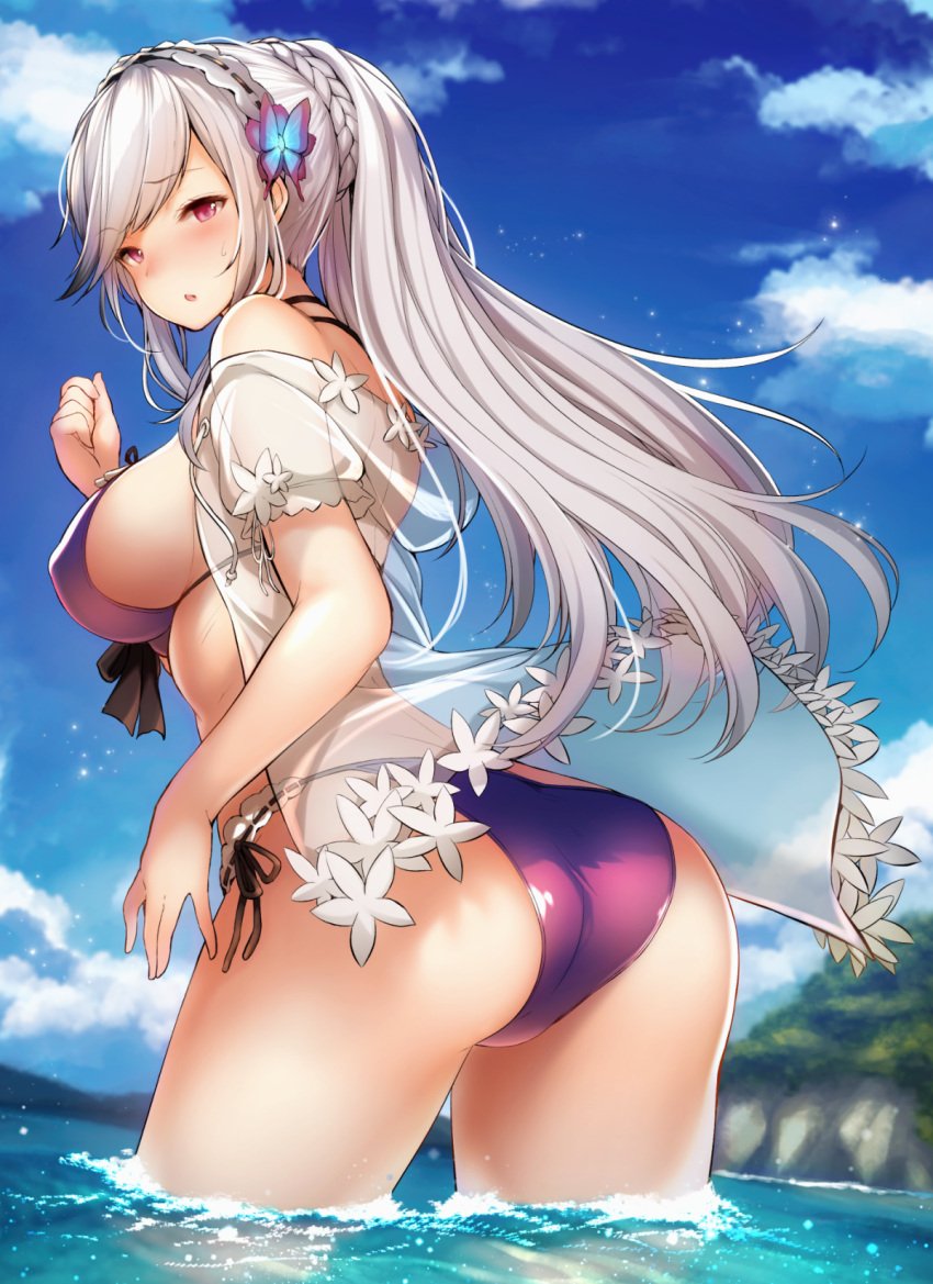 1girl azur_lane bangs bikini blush breasts choker cleavage commentary_request dunkerque_(azur_lane) eyebrows_visible_through_hair from_behind grey_hair hair_ornament hairband highres large_breasts long_hair looking_at_viewer outdoors pink_eyes ponytail purple_bikini sidelocks solo swimsuit thighs tobimura wading