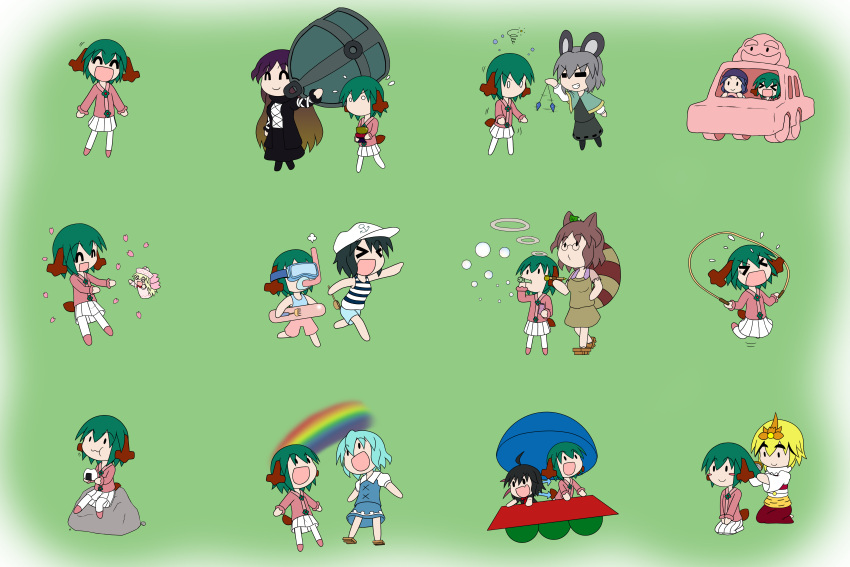 &gt;:d &gt;:o &gt;_&lt; &gt;o&lt; ._. :d :o :t =3 =_= absurdres anchor_symbol animal_ears asymmetrical_wings black_hair blonde_hair blush_stickers bubble_blowing car chibi eating fairy_wings flower flying_sweatdrops futatsuiwa_mamizou geta goggles gradient_hair green_background green_hair ground_vehicle hair_brush hair_brushing hair_flower hair_ornament hat highres hijiri_byakuren houjuu_nue hypnosis innertube jump_rope kasodani_kyouko kumoi_ichirin leaf leaf_on_head lily_white mind_control minigirl motor_vehicle mouse_ears multicolored_hair multiple_views mundane_utility murasa_minamitsu nazrin no_mouth no_nose open_mouth petals pipe purple_hair rainbow rakugaki-biyori seiza shield simple_background sitting skirt smile smoke_ring snorkel squiggle swimsuit tail tatara_kogasa toramaru_shou touhou ufo unzan wings xd