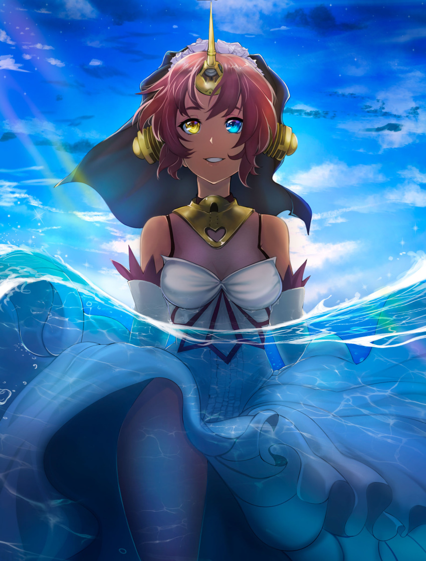 1girl absurdres bare_shoulders blue_eyes blue_sky clouds commentary day dress elbow_gloves english_commentary fate/grand_order fate_(series) frankenstein's_monster_(fate) gloves headgear heterochromia highres horn kirani outdoors parted_lips partially_underwater_shot pink_hair short_hair sky smile solo veil water white_dress white_gloves yellow_eyes