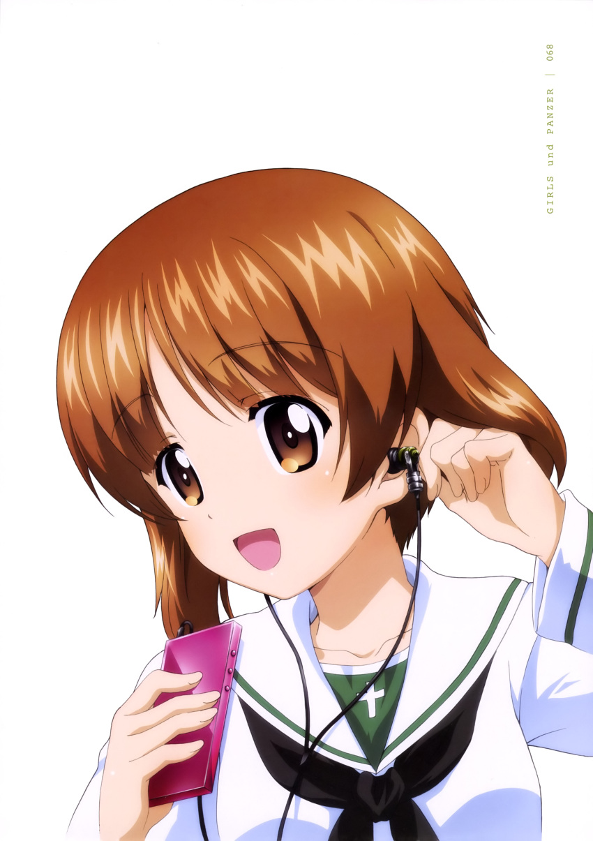 1girl :d absurdres brown_eyes brown_hair collarbone copyright_name digital_media_player earphones eyebrows_visible_through_hair girls_und_panzer highres holding ipod looking_at_viewer nishizumi_miho official_art ooarai_school_uniform open_mouth page_number portrait school_uniform shiny shiny_hair shirt short_hair simple_background smile solo white_background white_shirt yoshida_nobuyoshi