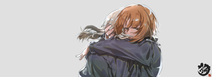 2girls artist_name bangs black_skirt brown_eyes brown_hair crying dress_shirt girls_und_panzer grey_background grey_shirt half-closed_eyes highres hug itsumi_erika kuromorimine_school_uniform long_hair long_sleeves multiple_girls nishizumi_miho pleated_skirt school_uniform shirt short_hair signature silver_hair simple_background skirt standing upper_body veerinly watermark