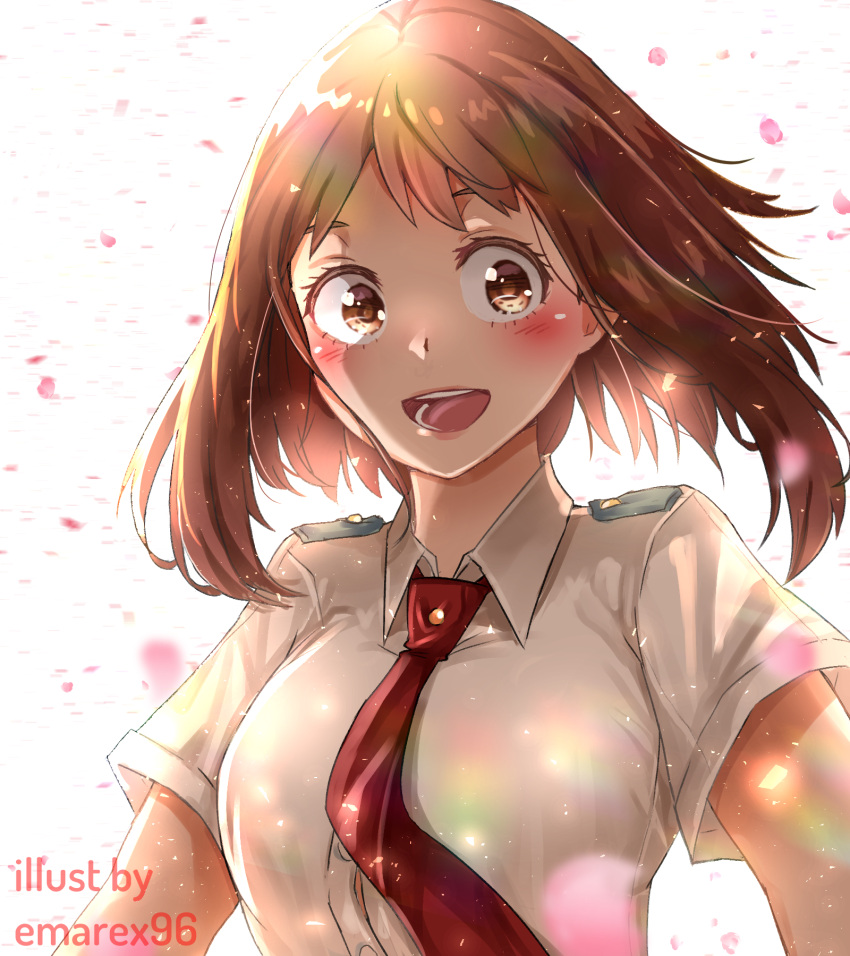 1girl :d artist_name blush boku_no_hero_academia brown_eyes brown_hair dress_shirt emarex96 floating_hair highres long_hair looking_at_viewer necktie open_mouth red_neckwear shirt short_sleeves smile solo uniform upper_body uraraka_ochako watermark white_background white_shirt